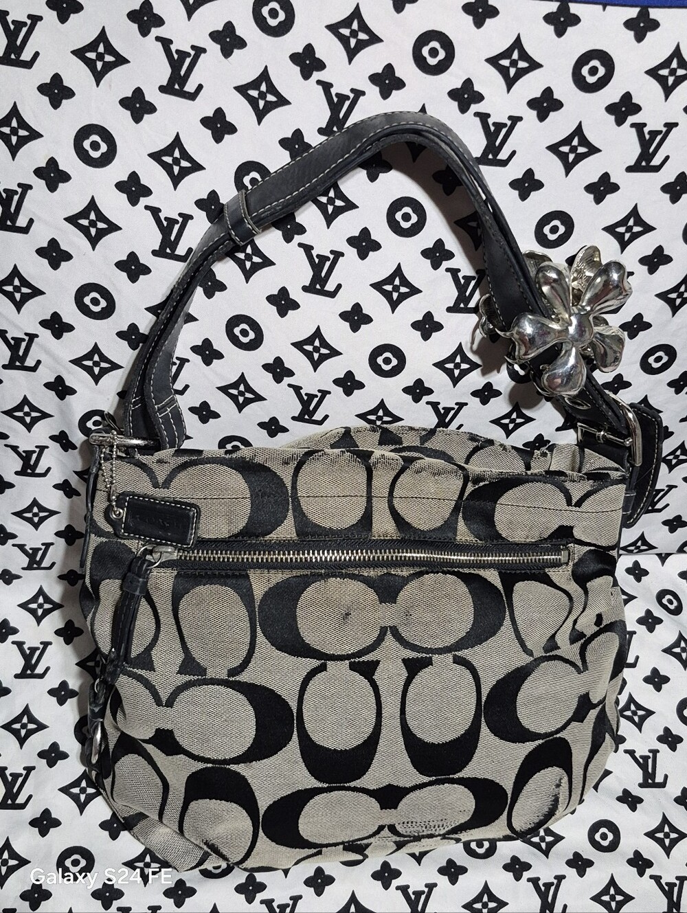 Y2K Coach Black and Beige Signature Canvas Shoulder Bag with Floral Charm